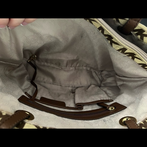 Jet Set Iconic Brown/Tan MK Logo Large Canvas Tote Shoulder Bag Purse - Picture 3 of 6